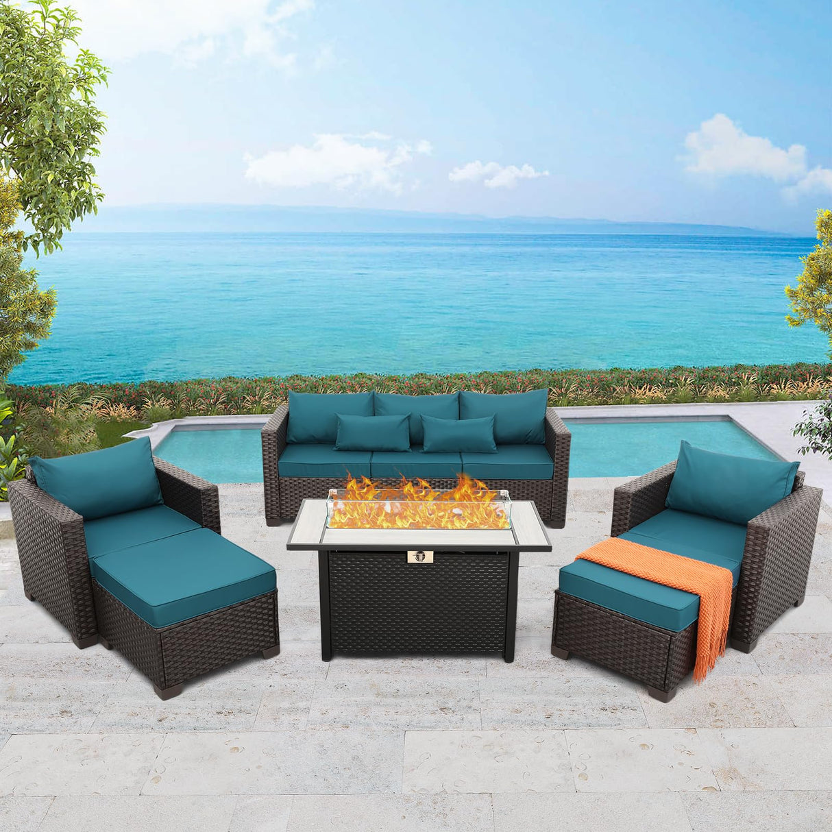Patio Furniture Set 6-Piece Outdoor Furniture Set with 45'' Propane Gas Fire Pit Table Outdoor Conversation Set Wicker Sofa Set Non-Slip Cushions Waterproof Covers, Peacock Blue Rattan Star
