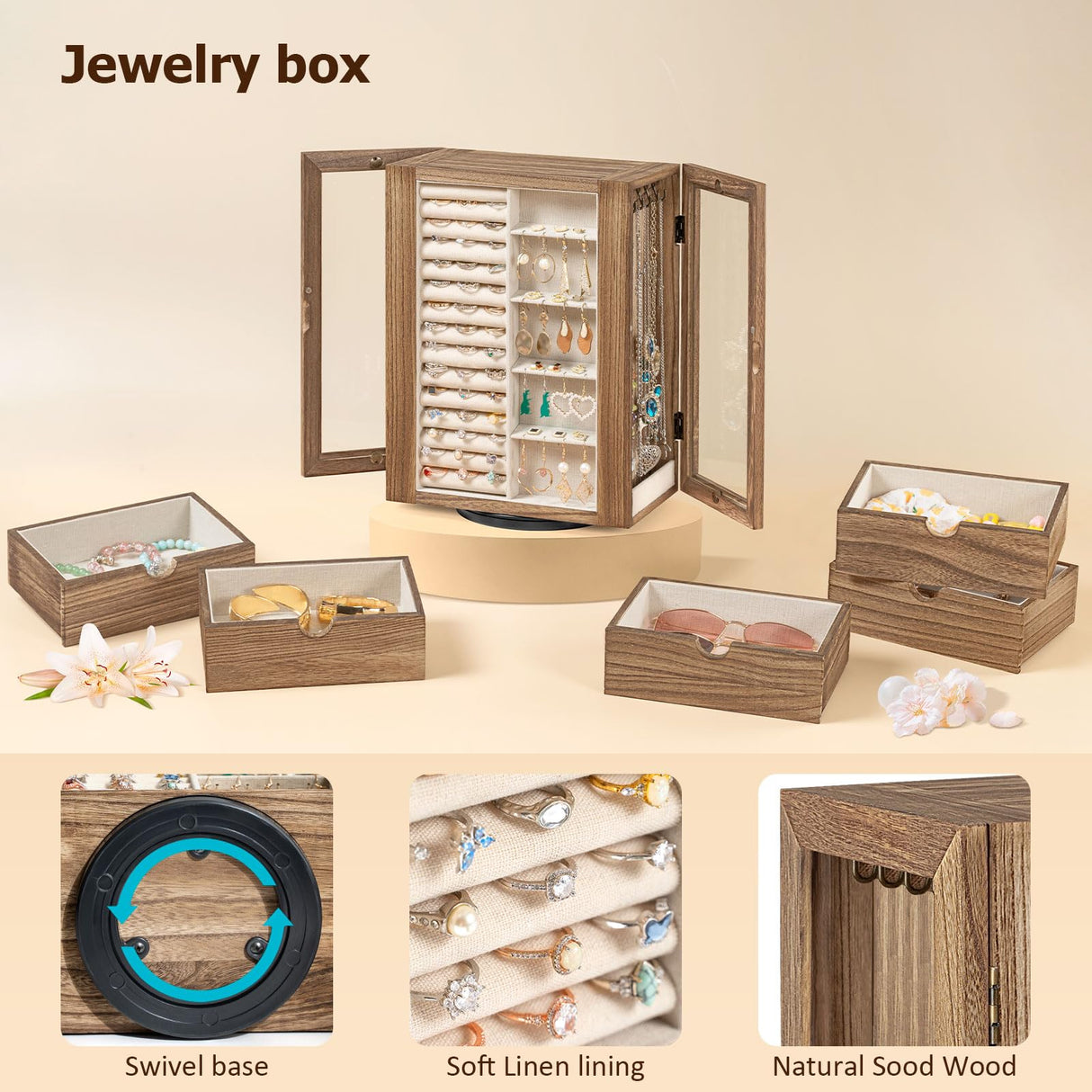 Emfogo 360° Rotating Jewelry Box for Women, Rustic Wooden Jewelry Organizer Box with 5 Drawers, Glass Doors, Vertical Open Design Jewelry Storage Case Display for Earrings Rings Necklaces Bracelets Emfogo