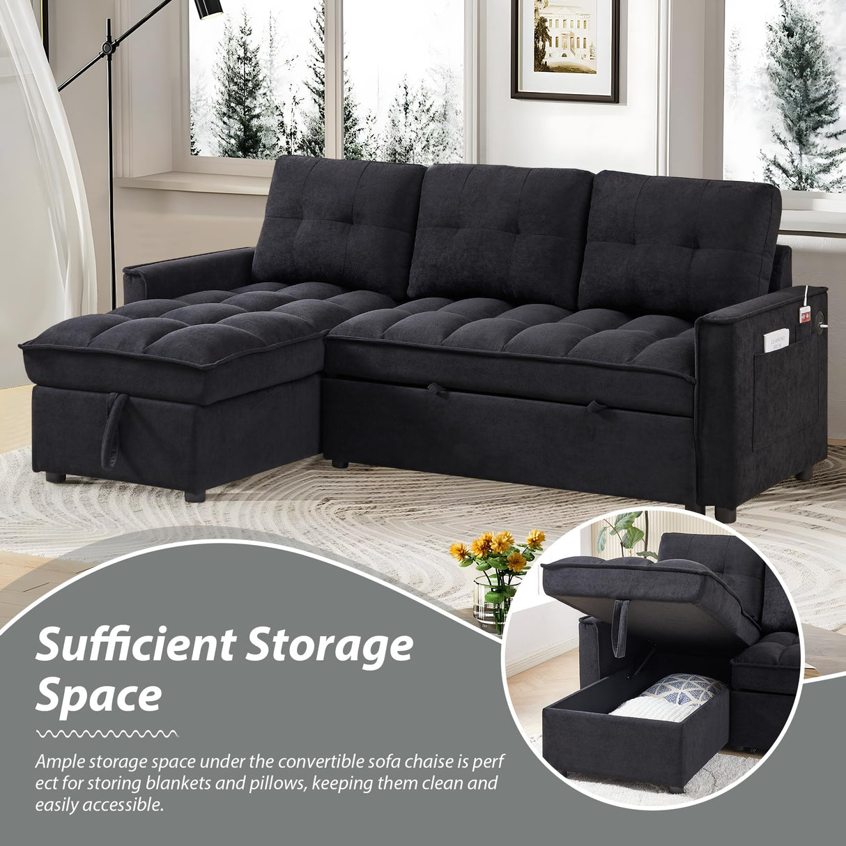 L-shape Pull out Sleeper Sofa Couch Bed,Modern Sofa Bed with Reversible Storage Chaise Lounge,Velvet Upholstered Tufted Sectional Corner Sofabed with USB Ports and Side Pockets for Living Room,Bedroom KINFFICT