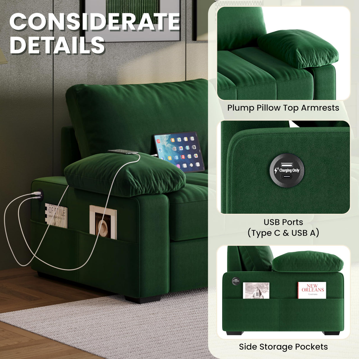 Yaheetech 79" Velvet Modern Sofa Couch with Storage Pockets and USB Ports, 2 Seater Comfy Loveseat Sleeper with Removable Armrest Pillow & Cover for Living Room, Apartment, Bedroom, Green Yaheetech
