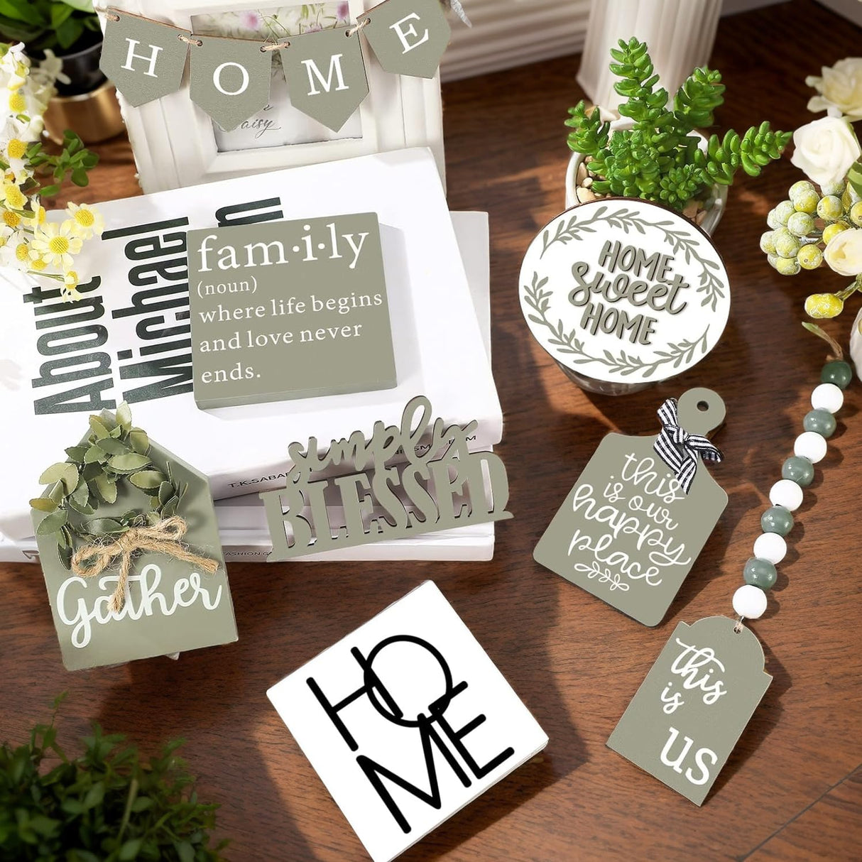 NJXJKGY 11PCS Farmhouse Tiered Tray Decor Set – Rustic Wooden Mini Signs and Decorations for Home and Kitchen Display (Tiered Tray Not Included) NJXJKGY