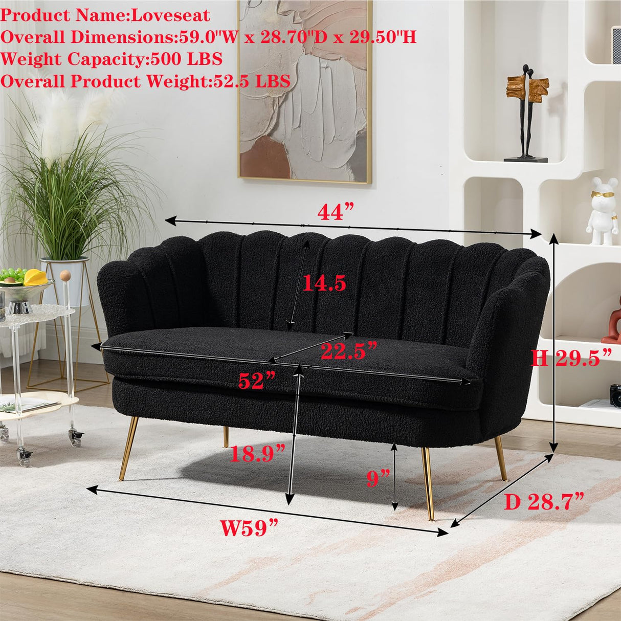 Black Modern Boucle Loveseat Couch,Futon Small Sofa with Gold Metal Legs ,2-Seater Upholstered Mini Sofa Couches for Small Space,Living Room Bedroom Office Dorm Studio Apartment Couche(Black) Gustonhon