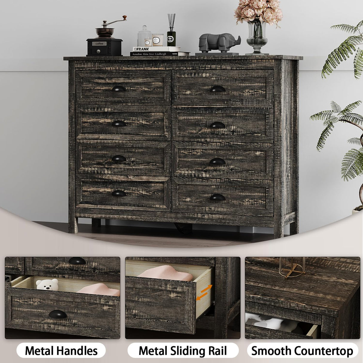 Rustic 8 Drawer Dresser for Bedroom, Modern Farmhouse Wood Dresser with Vintage Black Antique Handle, Double Dresser and Chest of Drawers for Hallway 8 Drawer Dresser, Rustic Brown Oak HOUROM