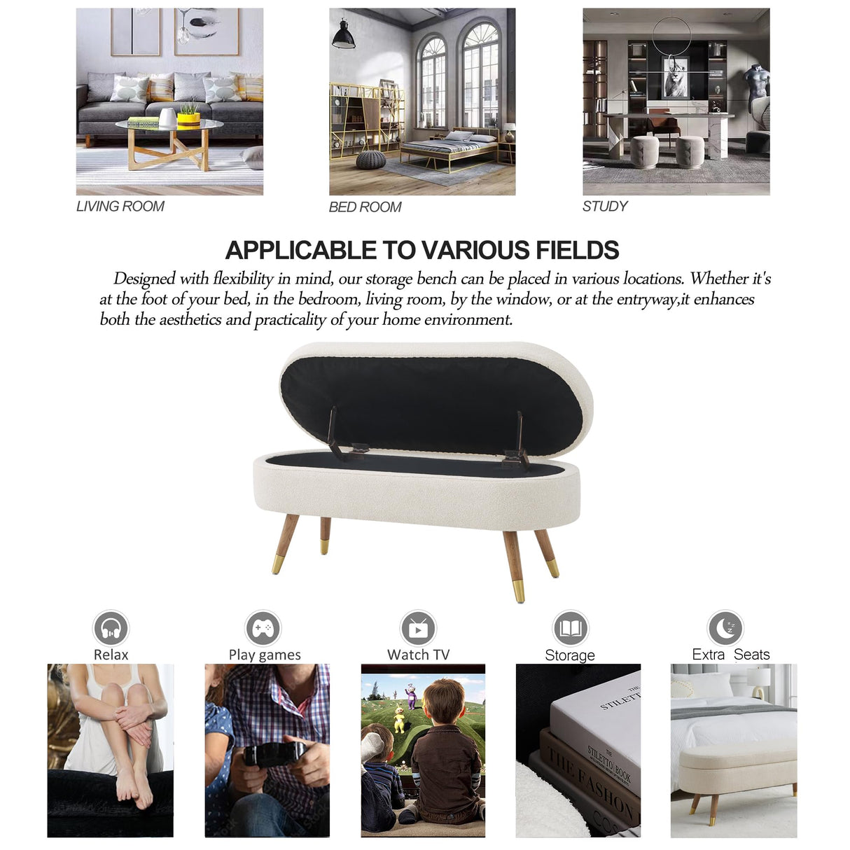 IAFIKE Oval Storage Bench 43.5" Ottoman Bench Upholstered Boucle Fabric Footrest Bench with Golden Metal Legs End of Bed for Bedroom, Living Room, Entryway,Bed Side (Beige) IAFIKE