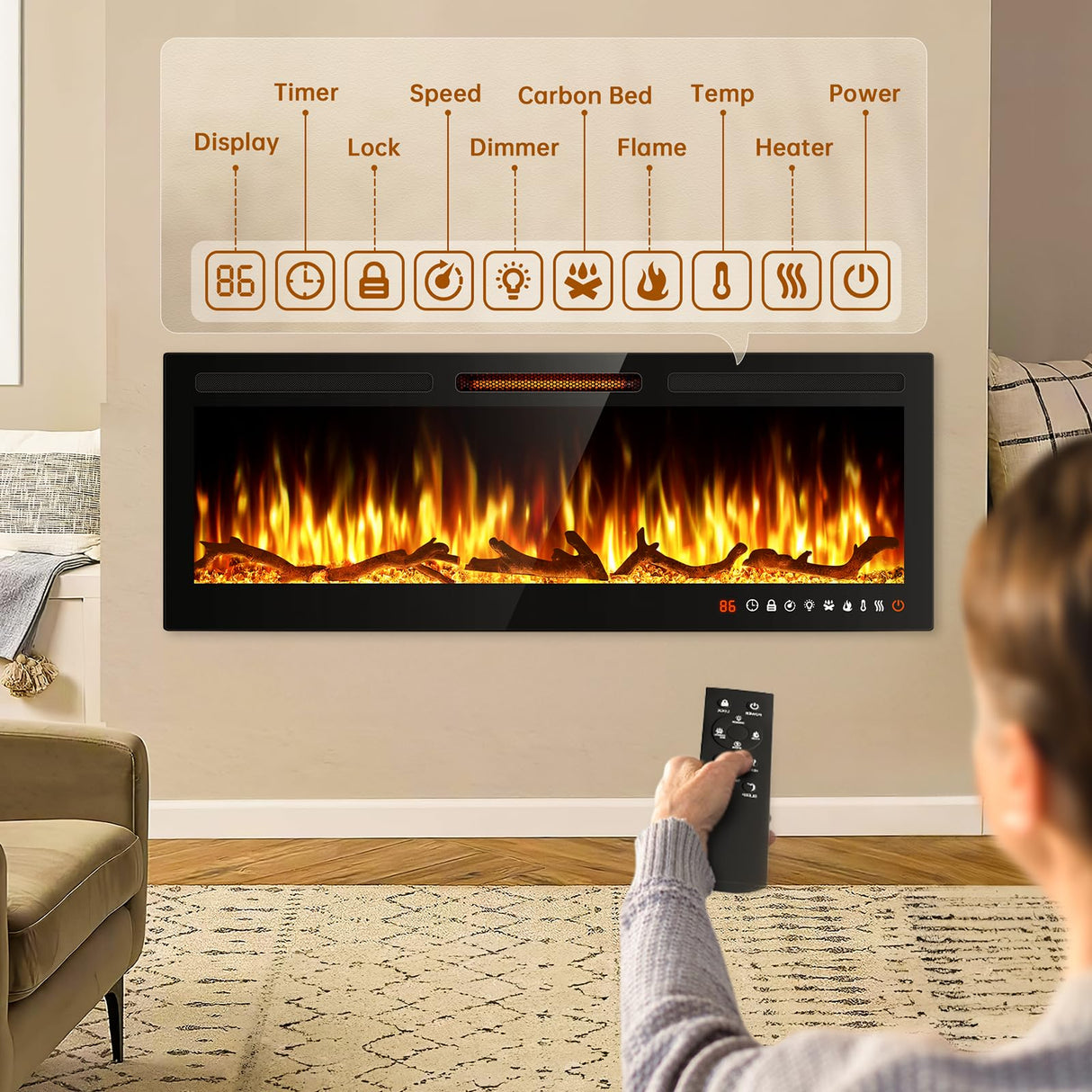 ALPACA 60" Slim Electric Fireplace Recessed and Wall Mounted,Wall Fireplace and Freestanding Linear Fireplace, with Remote Control,13 Adjustable Flame Color and 5 Brightness, 750W/1500W Alpaca