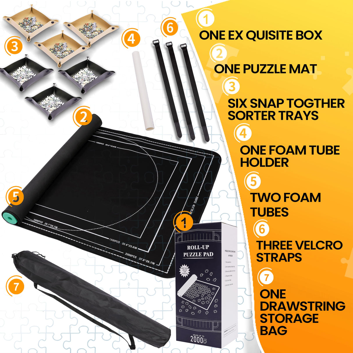 Pohxev Jigsaw Puzzle Mat Roll Up, Portable Saver Pad 43” x 26” Up to 1500 Pieces, Puzzle Matt Rollup with Non-Slip Rubber Bottom & Smooth Top. (6 Puzzle Sorting Trays & 1 Storage Bag) Pohxev