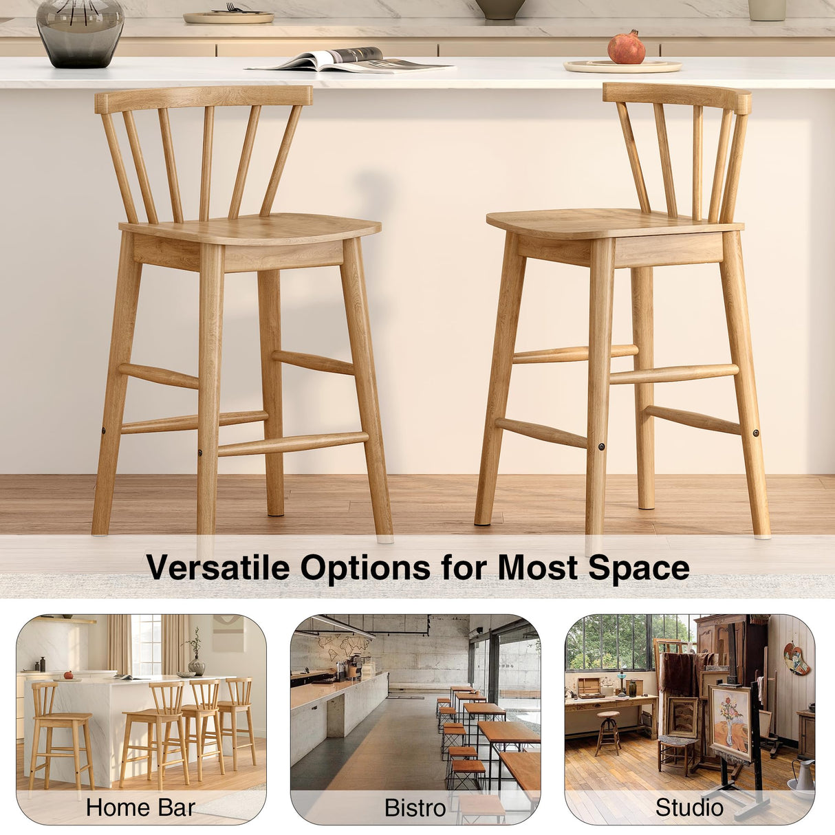 HoeuThien Barstools Set of 4, 24" Wood Element Bar Stools, Armless Farmhouse Wooden Bar Dining Chairs with Back & Footrest for Kitchen Island Cafe Pub Light Brown HoeuThien