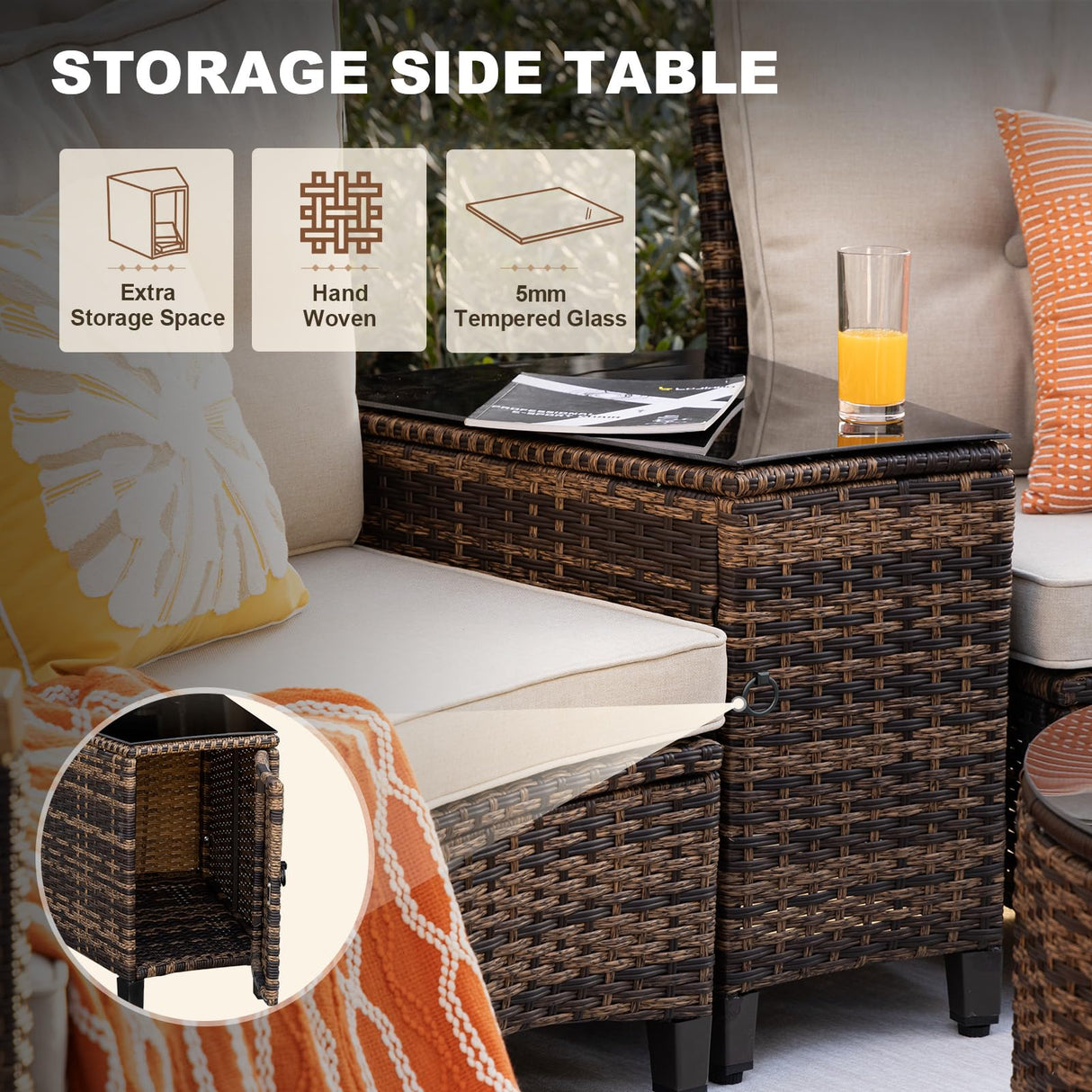 MEISSALIVVE 9 Piece Outdoor Patio Furniture Set, Half-Moon Curved Sectional Sofa Rattan Conversation Set with Wood Armrests, Coffee Table & Side Table(Brown) MEISSALIVVE