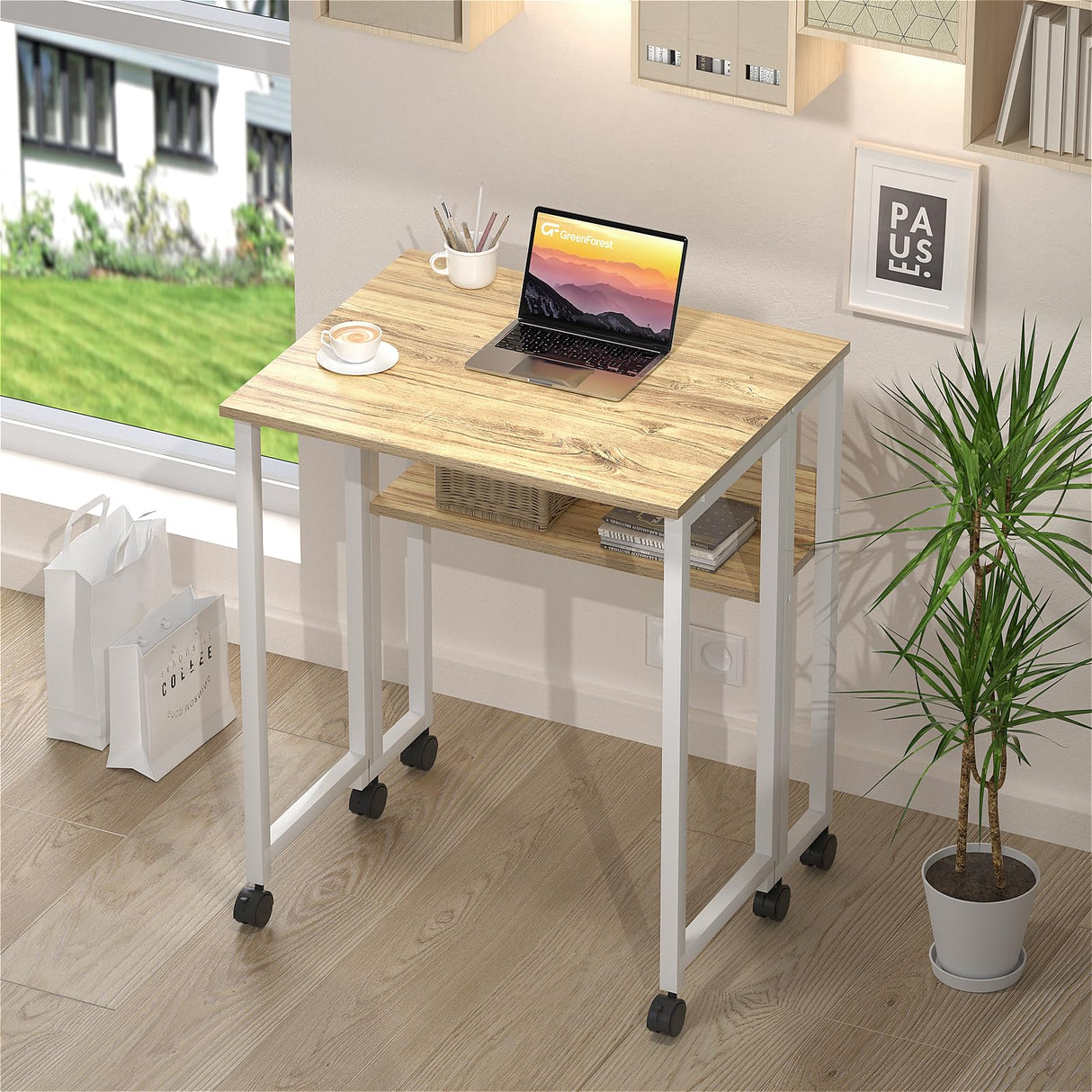 GreenForest Folding Desk Small Rolling Desk with Storage Shelf,24.8 inch Foldable Computer Desk with Wheels for Small Space,Easy Assembly,Oak GreenForest