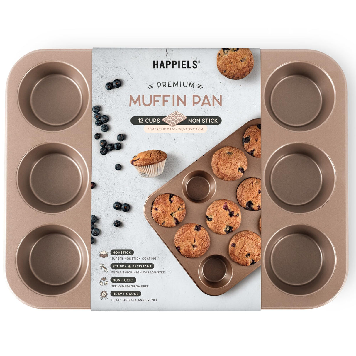 HAPPIELS Non Toxic Nonstick 12 Cup Muffin Pan | PFOA BPA free Nontoxic Cupcake Tin | Best Non Stick Muffin Pans | Muffin tins | Cupcakes Tray | Carbon Steel Bakeware Mold Trays HAPPIELS