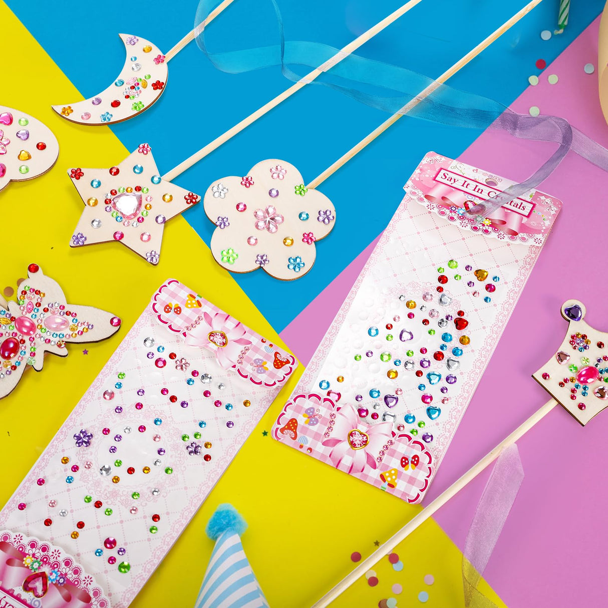 Frcctre 36 Pieces Princess Fairy Wands Kit Make Your Own Princess Wands DIY Art Craft Magical Wand Include 36 Pcs 6 Styles Unfinished Wooden Princess Wand 36 Pcs Ribbons 3 Pcs Gem Stickers Frcctre