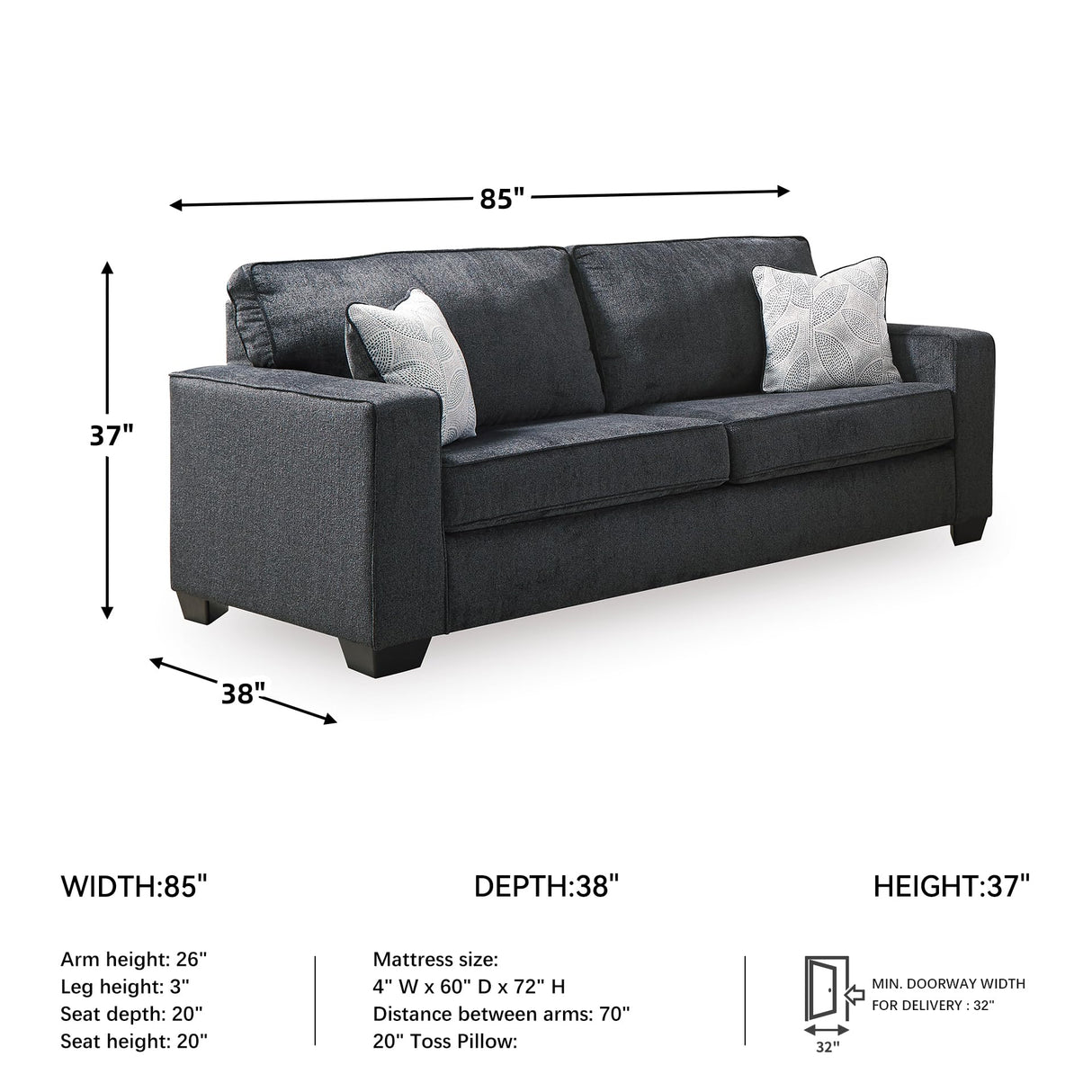 Signature Design by Ashley Altari Modern Queen Sofa Sleeper with 2 Accent Pillows, Dark Gray Signature Design by Ashley