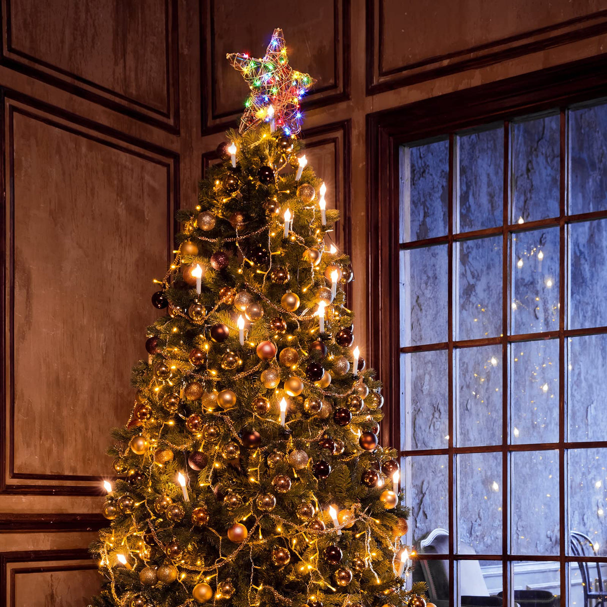 Star Tree Toppers Christmas Decorations Indoor Natural Brown Rattan Star Christmas Tree Topper Lighted Rustic Rattan Star Rustic Rattan Treetop Holiday Xmas Party Decorations (Coloured Light) Mudder