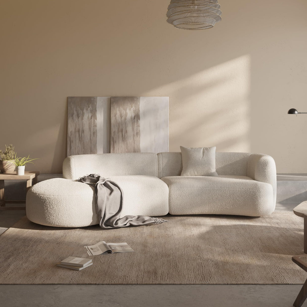 Acanva Modern Curved Sectional Living Room Couch, Minimalist Comfy Boucle Fabric Modular Sofa for Apartment, Home Office, Left Hand Facing, White Acanva