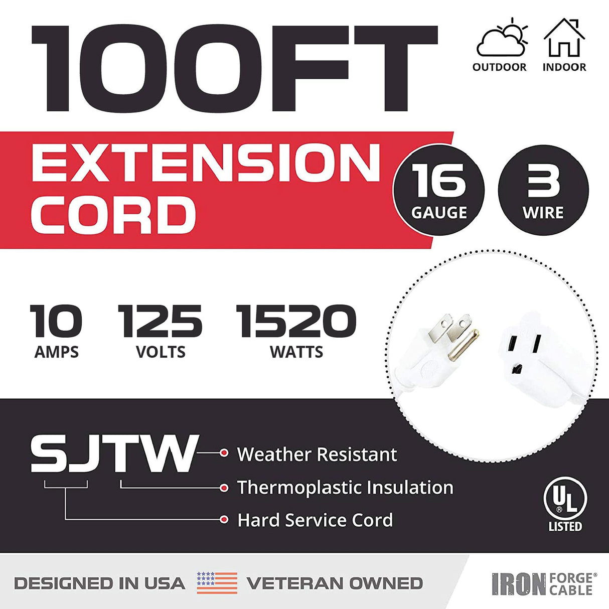 Iron Forge Cable Outdoor Extension Cord 100 ft, 16 Gauge Heavy Duty Power Extension Cords 3 Prong Weatherproof - SJTW - Great for Outdoor Lights, Lawn, Household Appliances - White IRON FORGE CABLE
