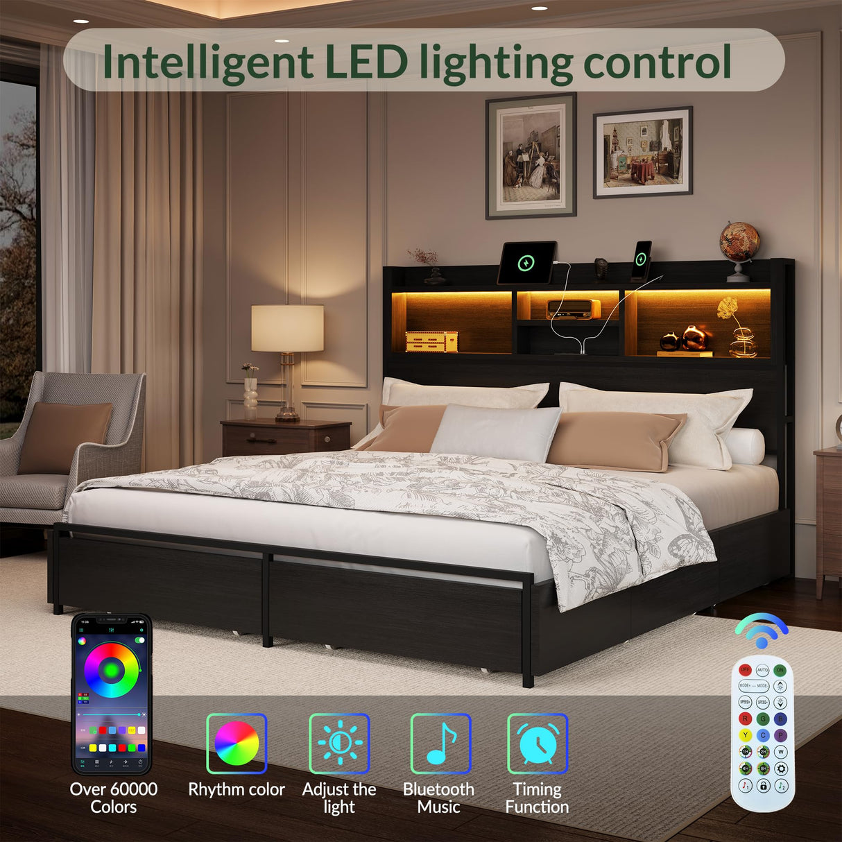 LARMACE King Size Bed Frame with 6 Storage Drawers and Headboard Wooden Platform Bed Frame with LED Lights and Charging Station Easy Assembly/No Box Spring Needed/Black LARMACE