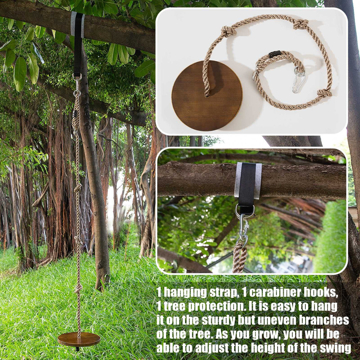 Yangbaga Wooden Round Disc Rope Swing 51”-73” Adjustable Climbing Rope Tree Swing with Hanging Strap Snap Hook and Felt Protectors for Kids Outdoor Brown Yangbaga