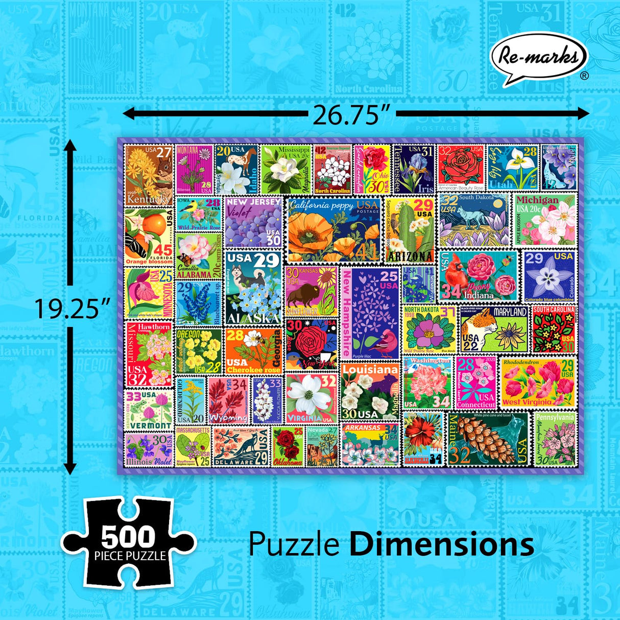 Re-marks State Flowers Stamp Collage Jigsaw Puzzle, 500 Large Piece Jigsaw Puzzle for All Ages Re-Marks