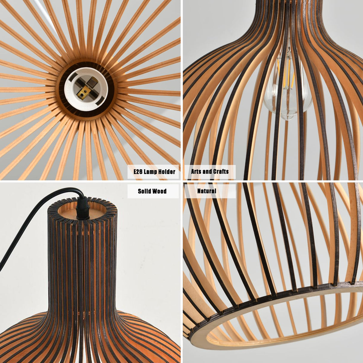 YNDD Wood Pendant Light, E26 Base Hanging Lamp Indoor, Natural Wooden Hand Made Chandelier, Boho Height Adjustable Dining Table Hanging Lamp for Hotel Bar Café Kitchen Island Hallway Entryway YNDD