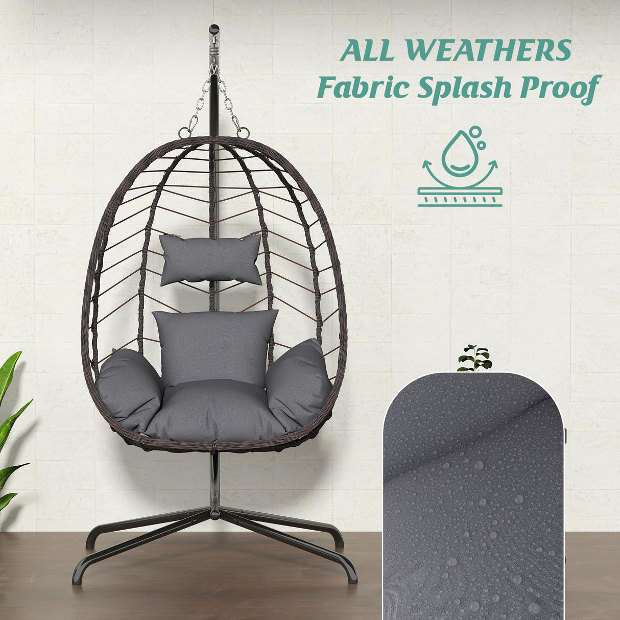 Egg Chair with Stand, Patio Wicker Hanging Chair, Hammock Swing Chair, 350LBS Capacity for Bedroom, Balcony, Garden(BR-GR) DoubleTT