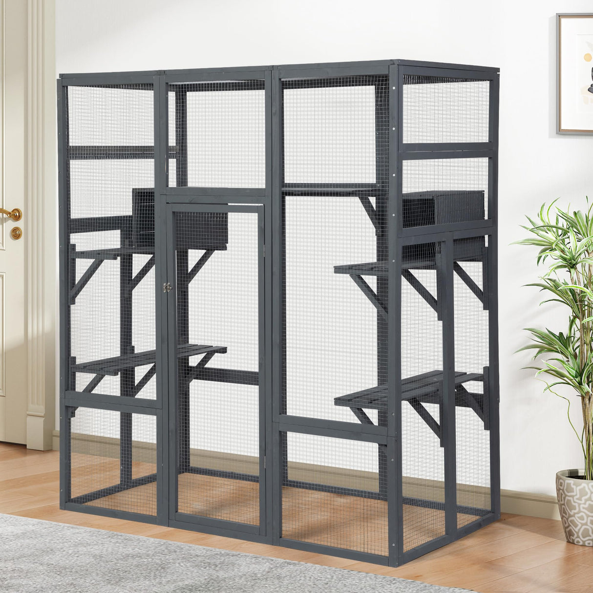 Large Stylish Wooden Catio Outdoor Cat Enclosure Cat Cage & Run Enclosures Indoor Kitty Window Cage with Waterproof Roof, 7 Platforms & 2 Resting Box, UV Resistant, 62.4" L x 32.4" W x 70" H (Grey) Generic