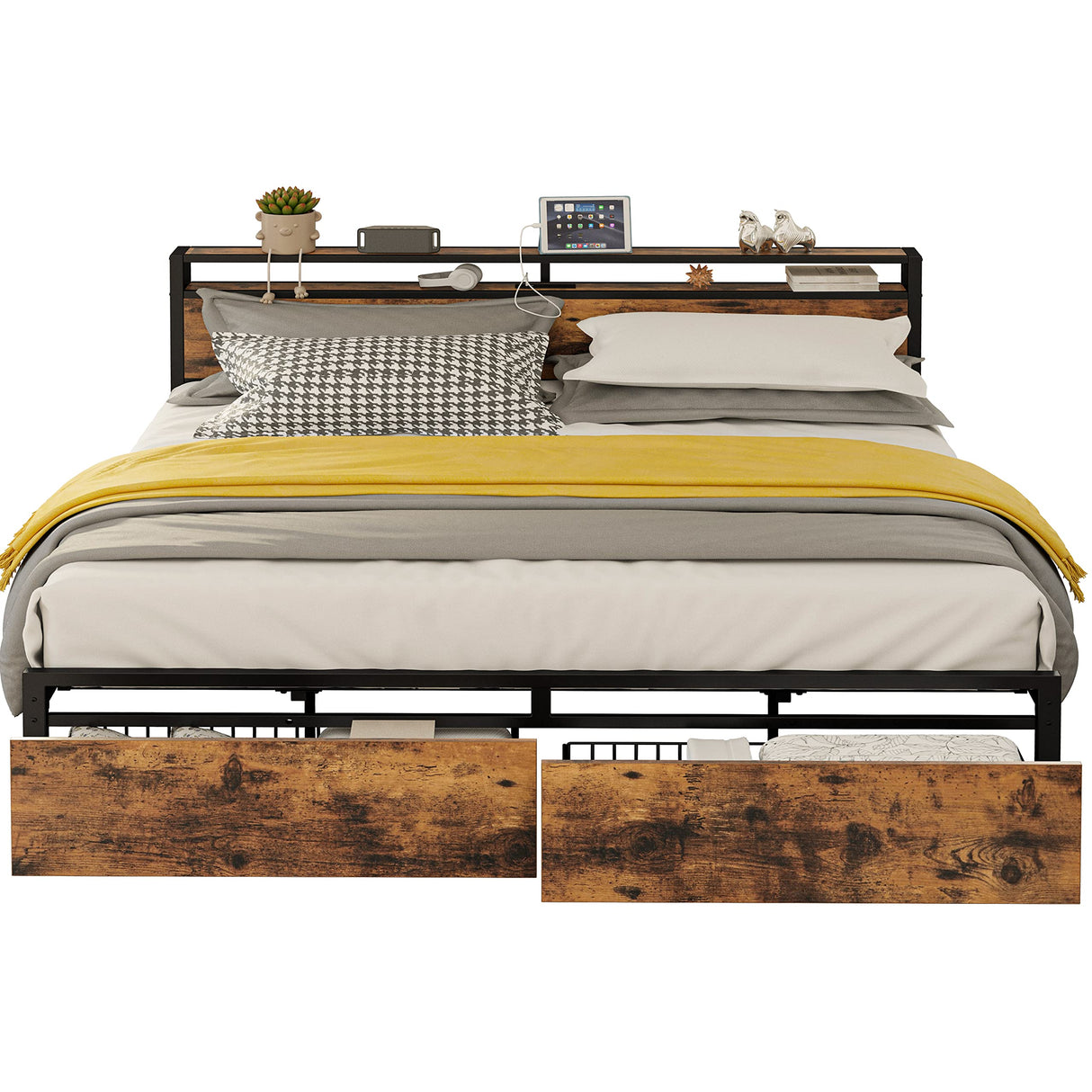 LIKIMIO Vintage Brown King Bed Frame with Storage Headboard and Charging Station LIKIMIO