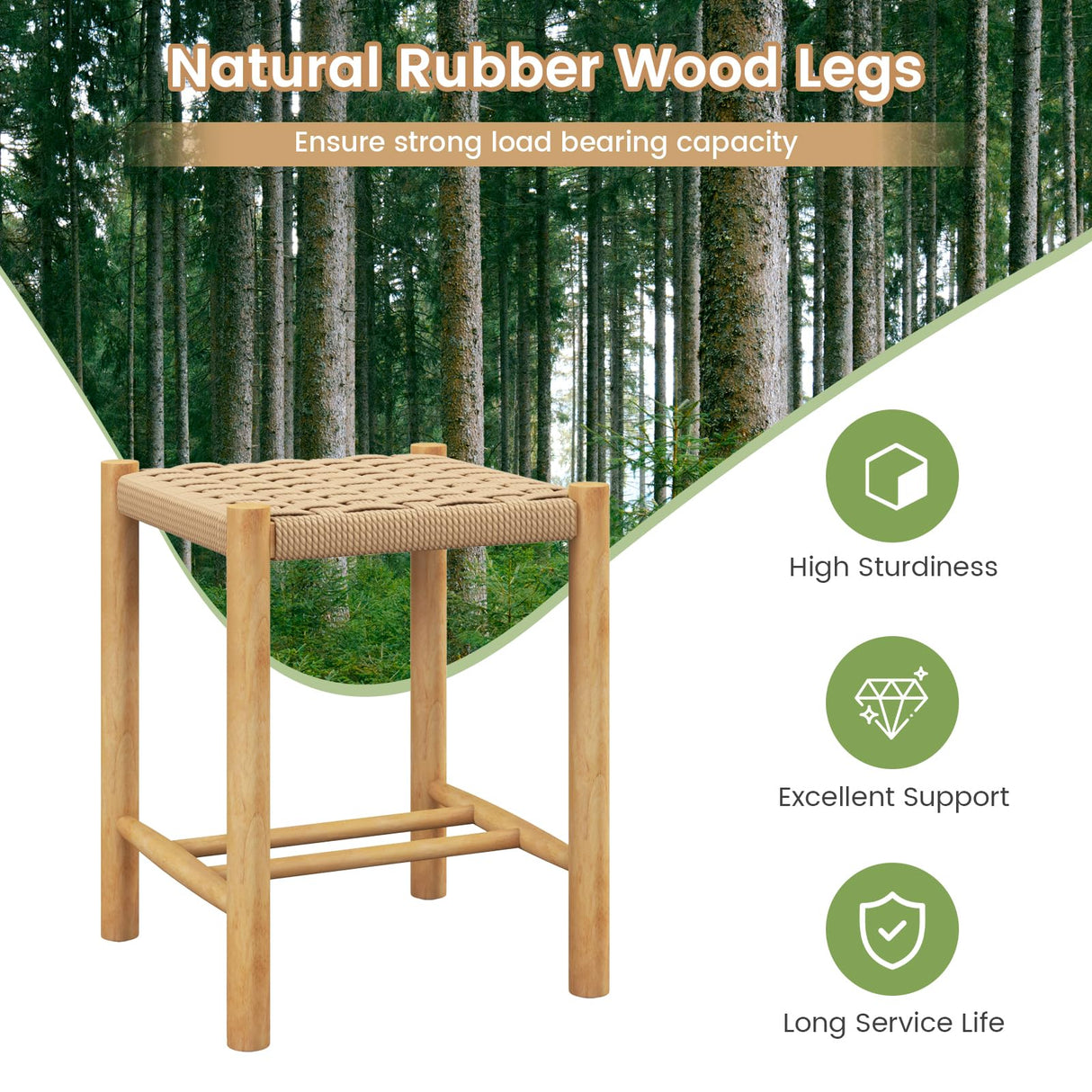 Giantex Wood Stools Set of 2, 18" Tall Boho Backless Stool Chairs with Rubber Wood Legs, Max Load 330 Lbs, Armless Wicker Stools for Kitchen Dining Room Indoor Outdoor Giantex