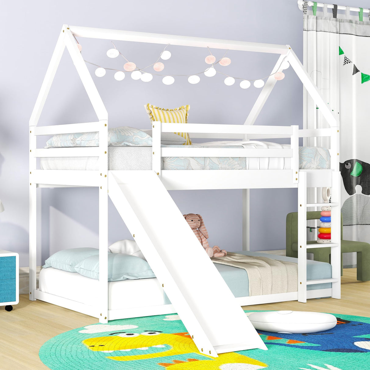 Bellemave Twin Over Twin House Bunk Bed with Slide,Floor Bunk Beds with Ladder for Kids,Solid Wood Twin Size Low Bunk Bed for Girls Boys Bellemave