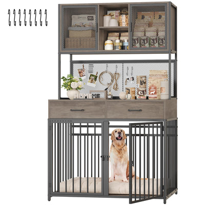 HITHOS 71" Tall Dog Crate Furniture, Indoor Dog Kennel with Hutch, 42" W Dog Cage for Large/Medium Dogs, Wood Dog Crates with 2 Storage Drawers, Heavy Duty Pet House, Ash Grey