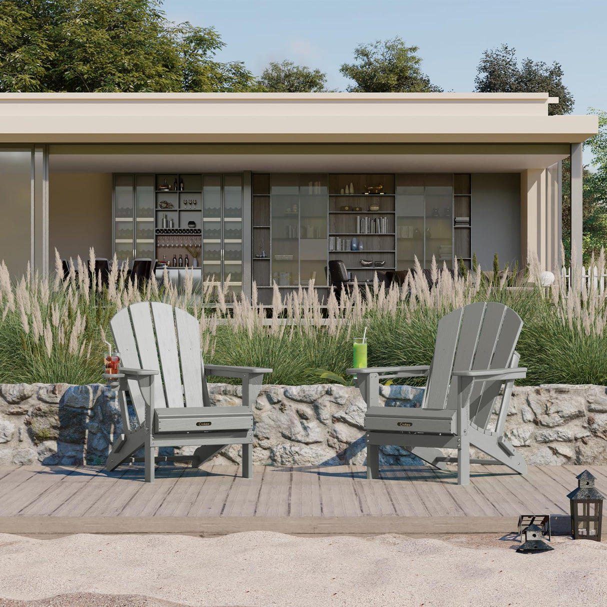 Ciokea Folding Adirondack Chair Wood Texture, Patio Chair Weather Resistant, Plastic Fire Pit Chair with Cup Holder, for Lawn Outdoor Porch Garden Backyard Deck (Grey) Ciokea