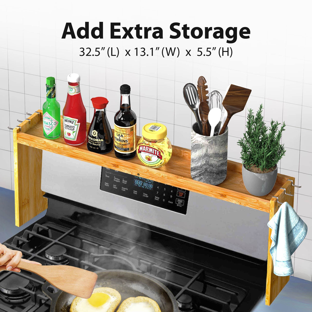 IIIOIIIA Bamboo Over the Stove Spice Shelf for Kitchen, 31.5" Spice Rack Organizer Shelf with 6 hooks, 11.4" Height Extra Storage Countertop, Easy to Assemble IIIOIIIA