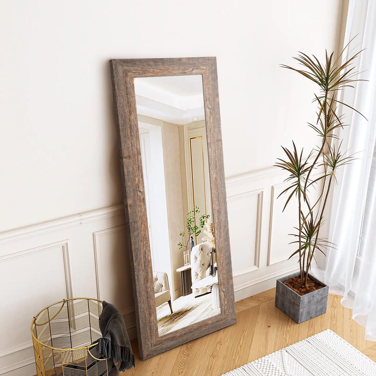 Syndra Modern Design Full Length Mirror, 61"L x 22"W, Wall Mounted, Rectangular, Framed, Wood/wood tone, HD Reflections, Shatterproof, Frosted Edges, Home Decor, Bedroom, Bathroom, Living Room Syndra