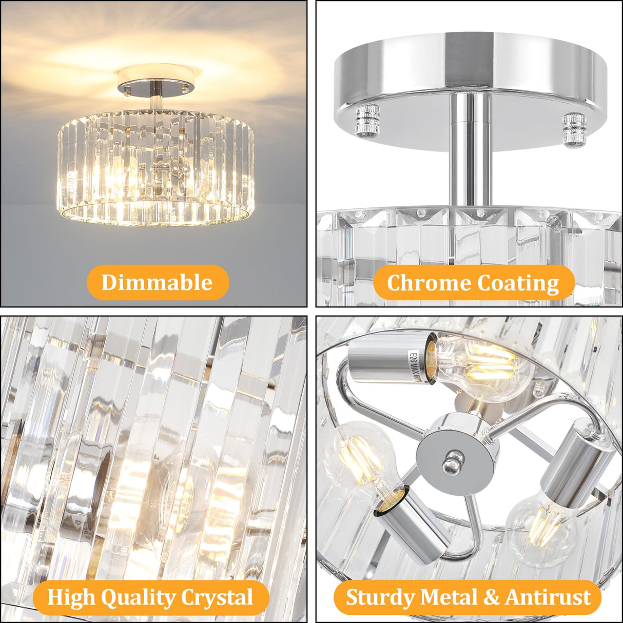 TOULMJ 3-Light Crystal Semi Flush Mount Ceiling Light, Modern Chrome Crystal Round Close to Ceiling Light Fixture for Bedroom Kitchen Island Hallway Foyer Entryway, Chrome Finish TOULMJ