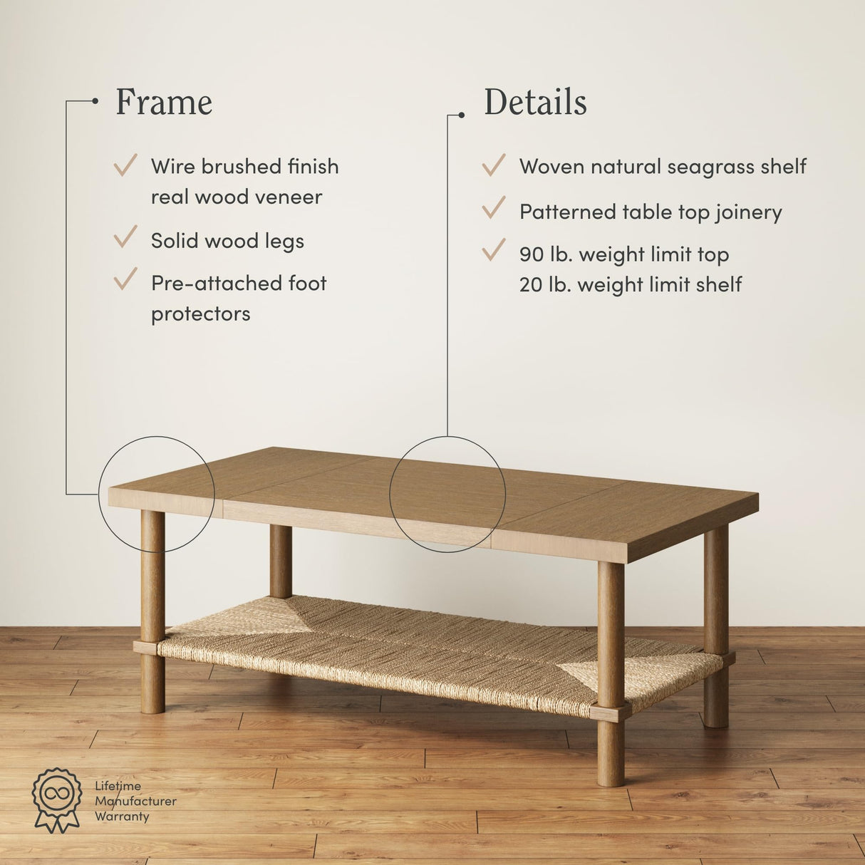 Nathan James Beacon Bohemian Coffee Table with Storage, 2-Tier Rectangle Coffee Table with Solid Wood Legs and Seagrass Shelf, Light Brown Nathan James