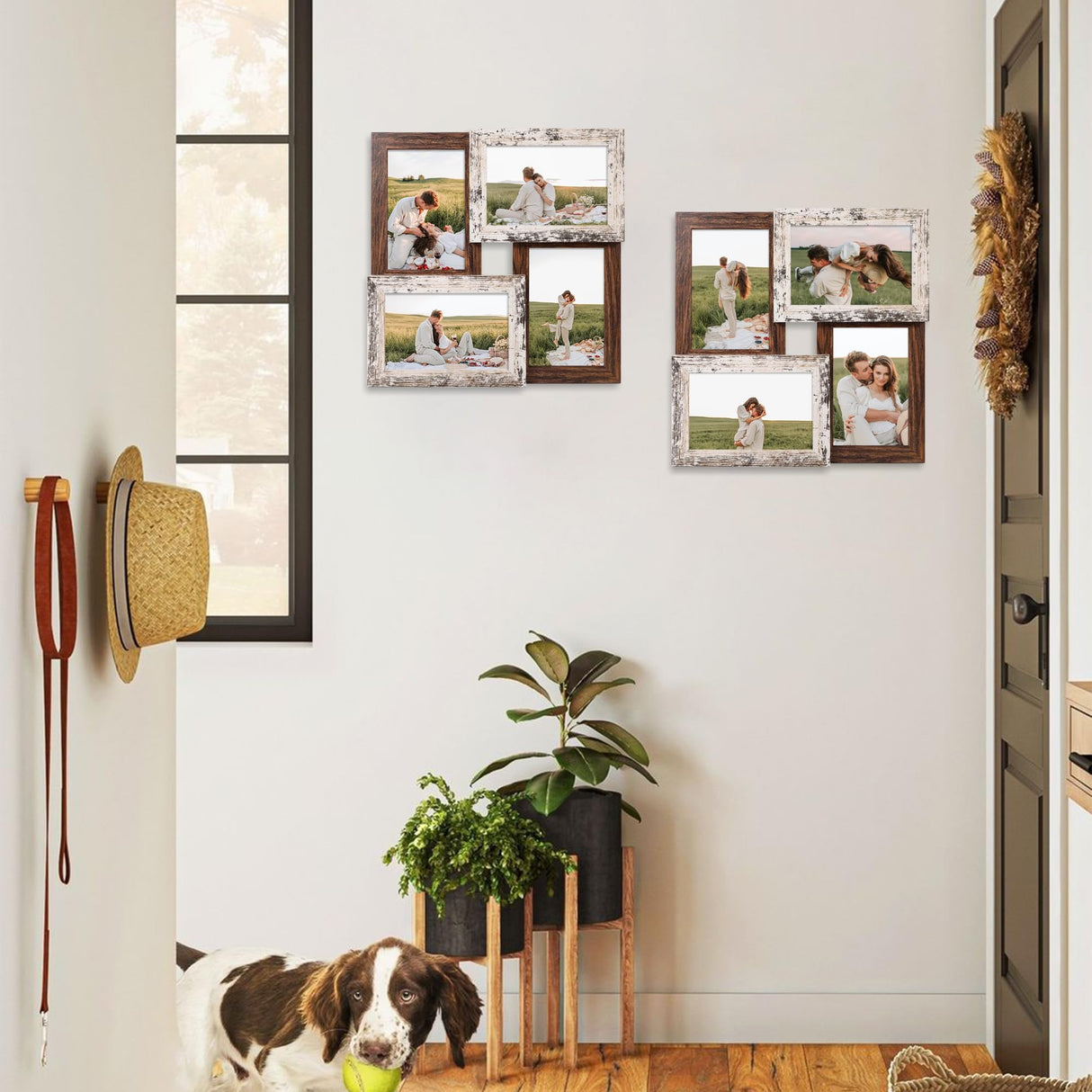 YESKAY 4x6 Collage Picture Frames, Multi Family Photo Frame with Real Glass, Displays Four 4x6 Photo, Wall Decor Wall Hanging or Tabletop, Distressed White+Rustic Brown YESKAY
