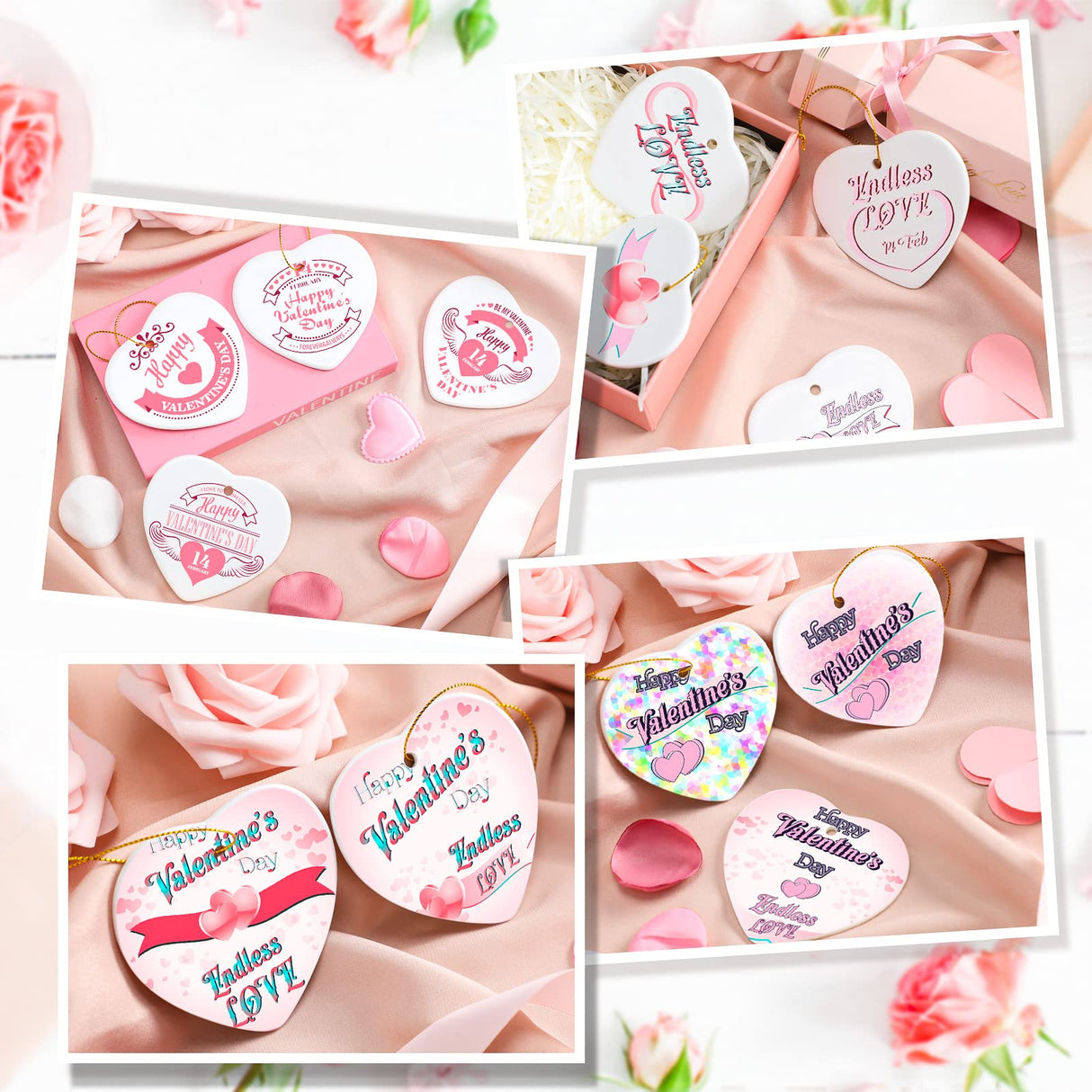 WILLBOND 10 Pieces Heart Sublimation Blank Ceramic Ornament 3 Inch White Heart Ceramic Ornament with Gold String for Valentine DIY Crafts Valentine's Day Personalized Ornament Decorations WILLBOND