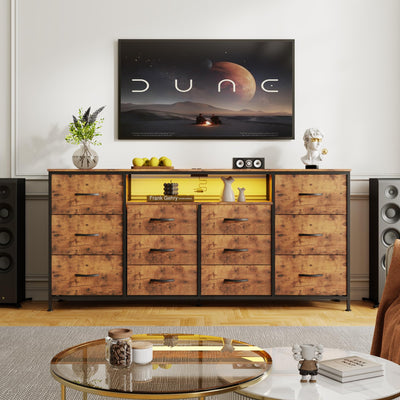 Patikuin 63" Dresser TV Stand for 65 70 75 Inch TV, Fabric Chest of Drawers with Charging Station, LED Lights, Open Shelves & 12 Drawer Dresser, Modern Entertainment Center, Rustic Brown