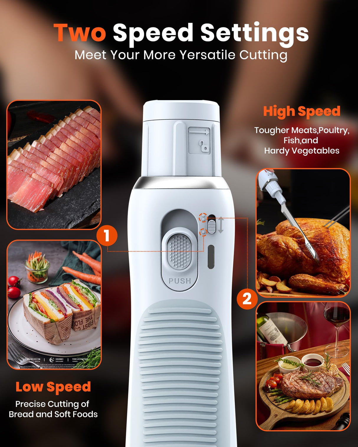 Electric Knife, Cordless Cutting Knifes, Ergonomic Design with Comfortable Contoured Grip Rechargeable Easy-Slice Electric Carving Knife for Meat Slicing, Bread, Fillet, Turkey, Blue LAUDLIFE