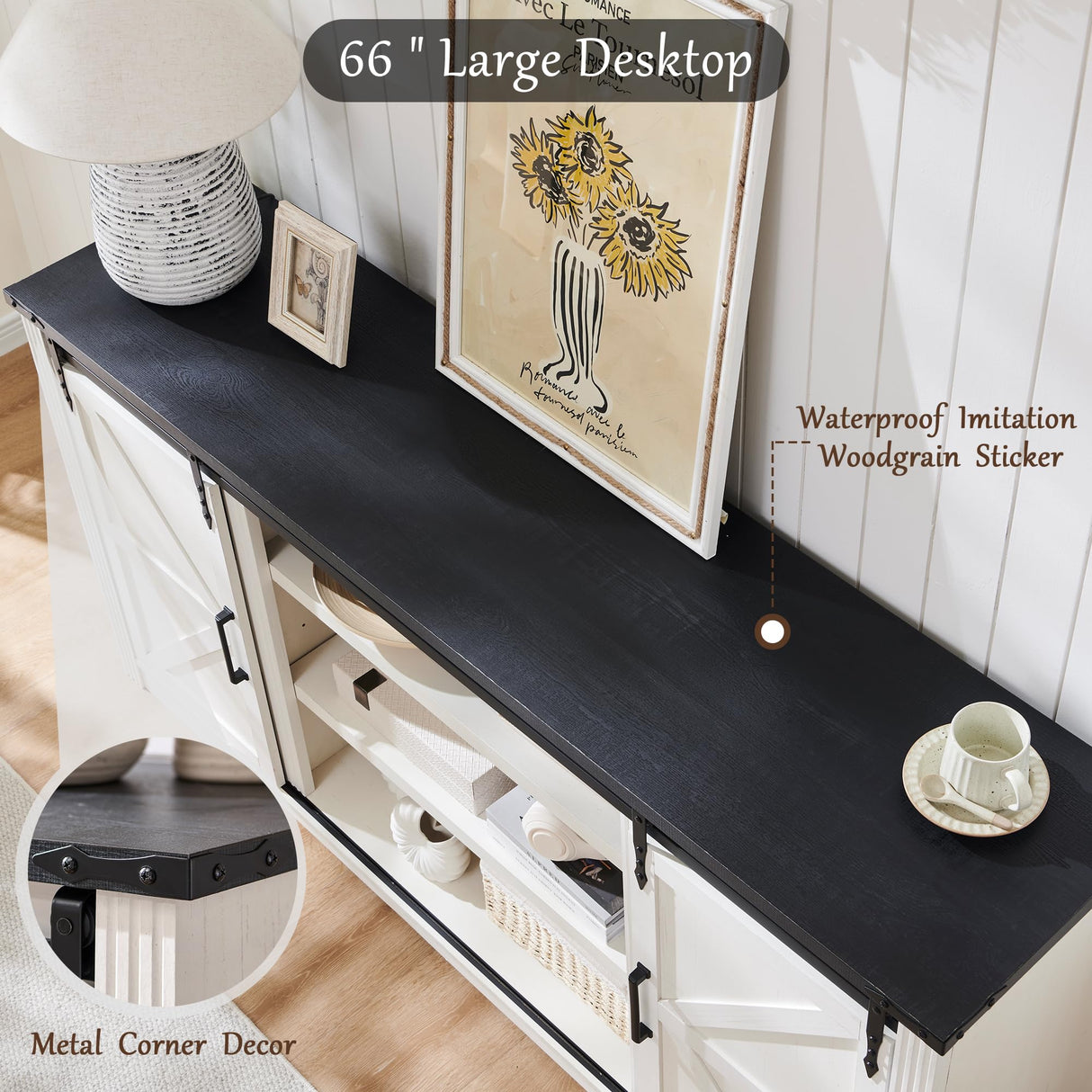 Farmhouse TV Stand for 75+ Inch TV, 32" Tall Entertainment Center w/4 Drawers & Sliding Barn Door, Rustic Media Console w/Storage Shelves, 66" Wood Television Stand for Living Room, Off White JXQTLINGMU