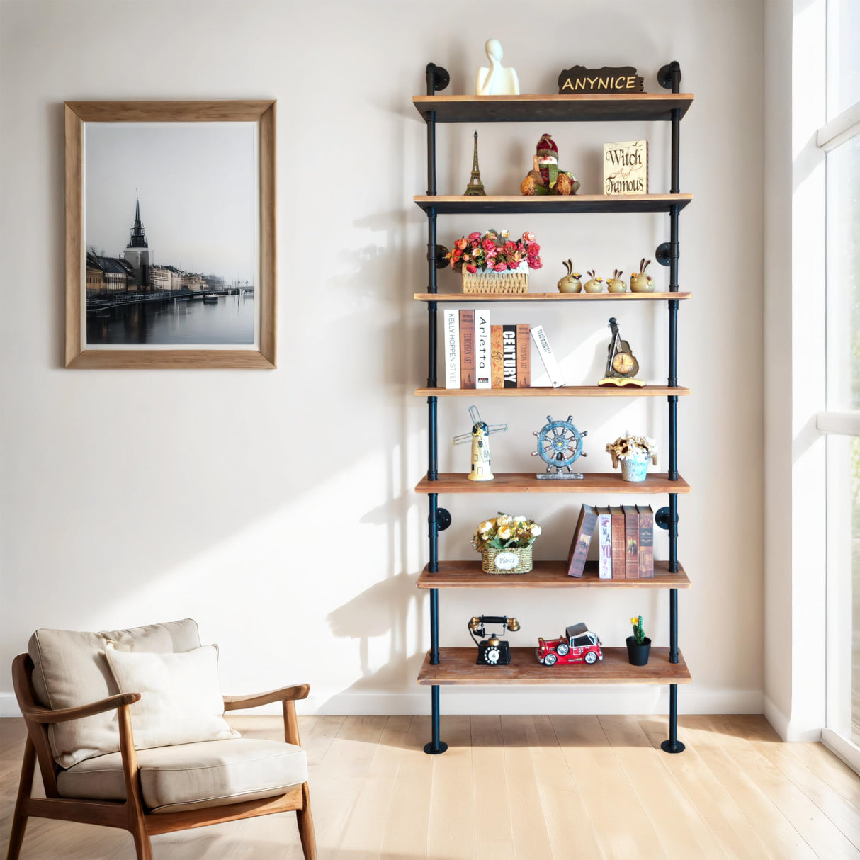 Anynice 7 Tier Industrial Wall Mounted Ladder Shelf Bookcase, Rustic Wood Metal Pipe Industrial Shelves for Living Room Decor and Storage (Weathered Brown, 7 Tier - 10" D x 36" W x 95.5" H) Anynice