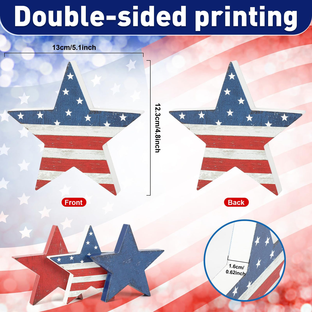 3 Pcs 4th of July Wooden Star Signs,Rustic Memorial Day Tiered Tray Decor, American Patriotic Table Decoration for Home Kitchen (Retro) Sereliy