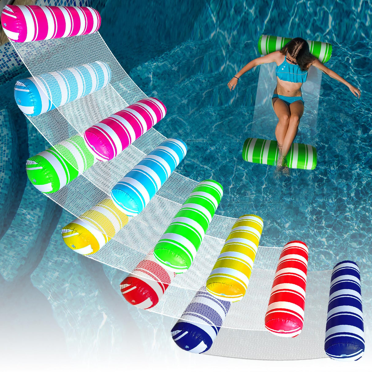 6 Pack Inflatable Pool Floats Adult Size Water Hammock,Water Floaties for Adults,4-in-1 Multi-Purpose Pool Floating Toys,Pool Rafts Lounge Chairs Floaties,for Adults Vacation Fun and Rest ANNIL