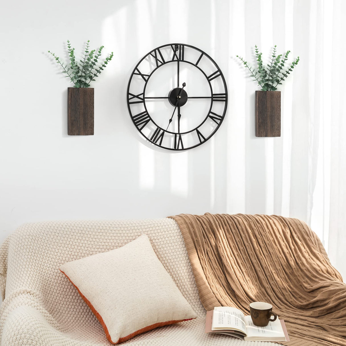 Dahey 2 Pack Wood Wall Planter Vase with Artificial Eucalyptus Farmhouse Wall Hanging Decor Pocket Planter for Indoor Fake Plants Greenery, Living Room Bedroom Kitchen Home Office Decoration Dahey