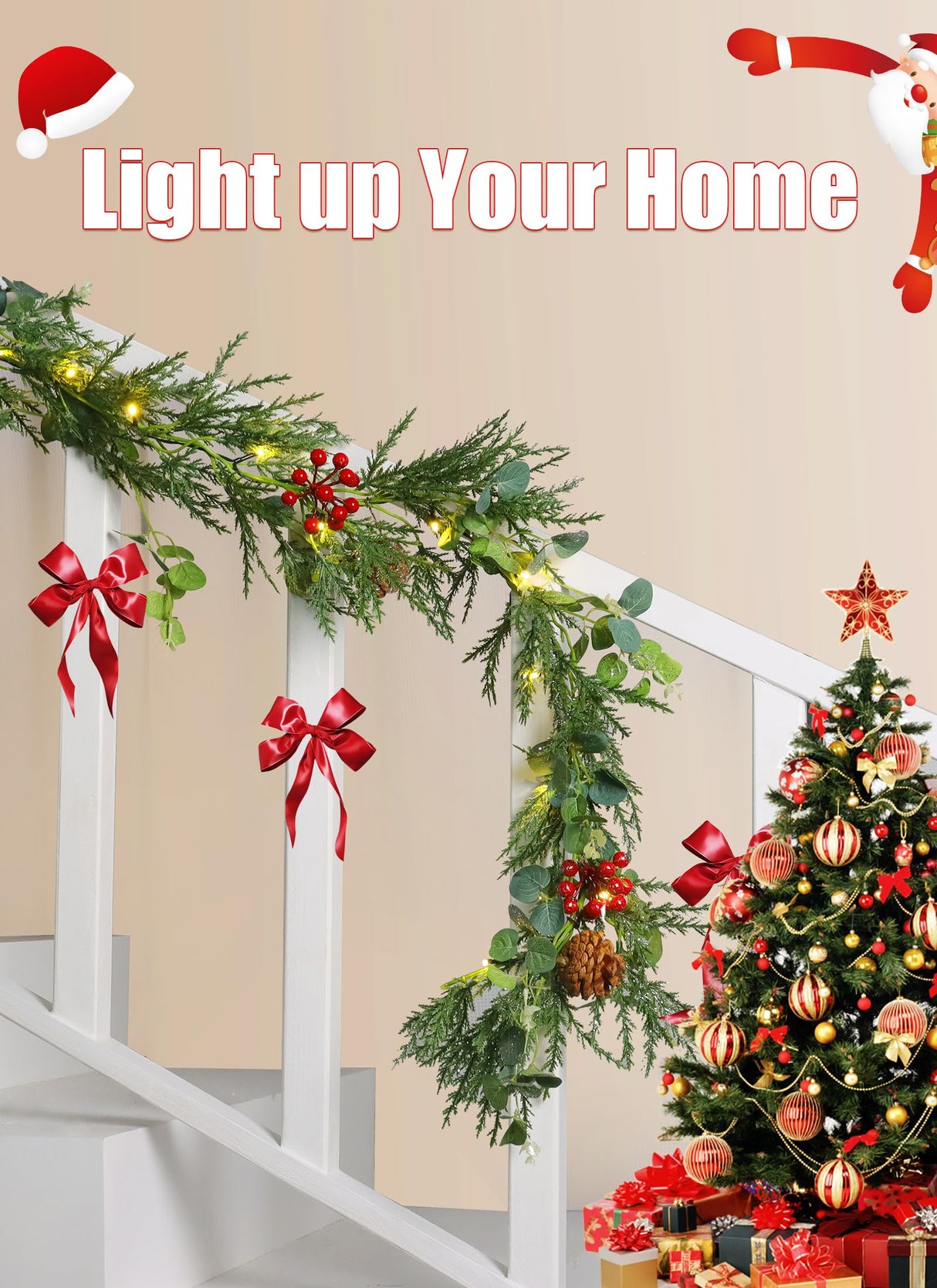 Brightown Pre-lit Christmas Garland with Lights, 6 Feet 20 LED Battery Operated Christmas Lights with Pine Cones, Berry, Eucalyptus Leaves, Indoor Christmas Decorations for Stairs, Fireplace, Door Brightown