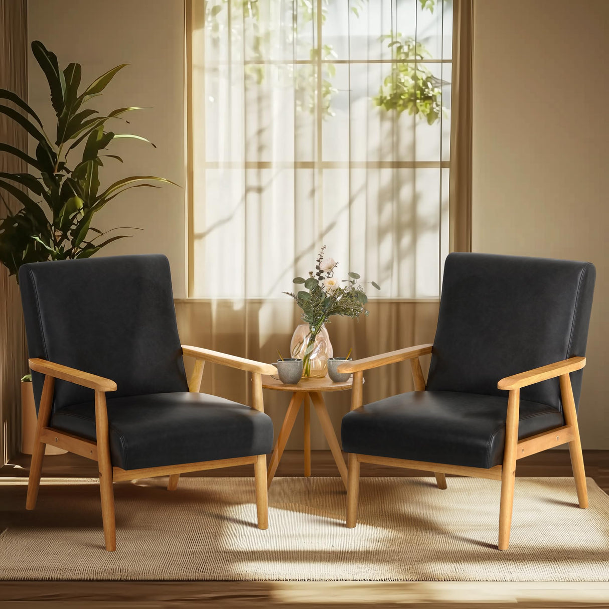 COLAMY PU Leather Accent Chair for Living Room, Mid Century Modern Relaxing Armchair with Solid Wood Frame & Soft Cushion, Reading Leisure Chair with High Back(Black COLAMY