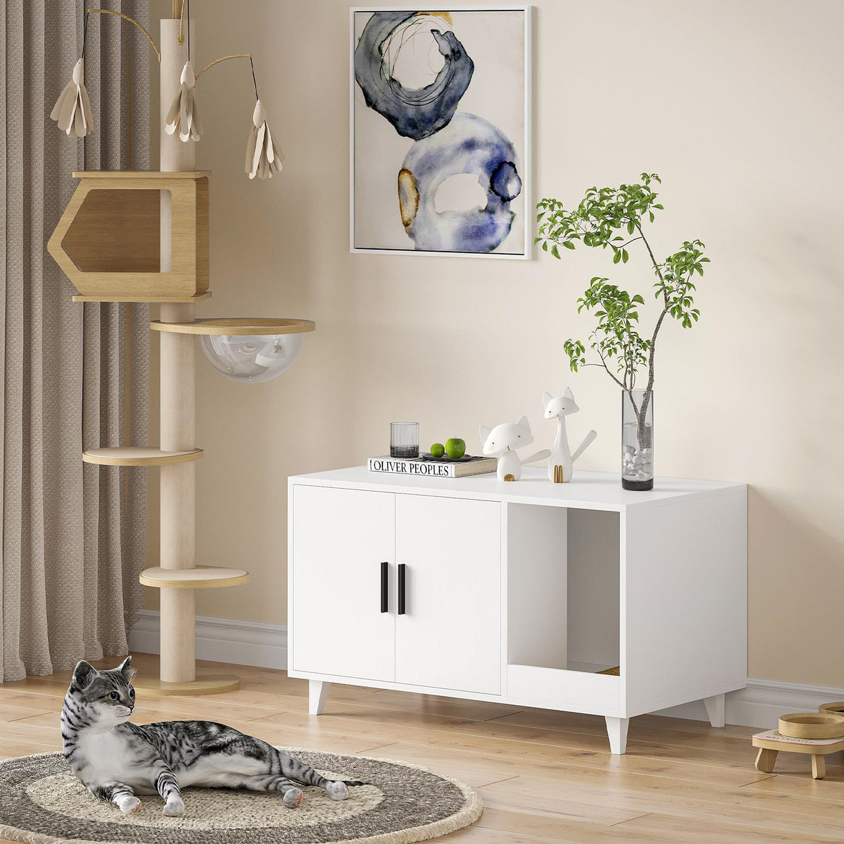 STARY Hidden Cat Litter Box Enclosure Furniture with Scratching Mat, White STARY