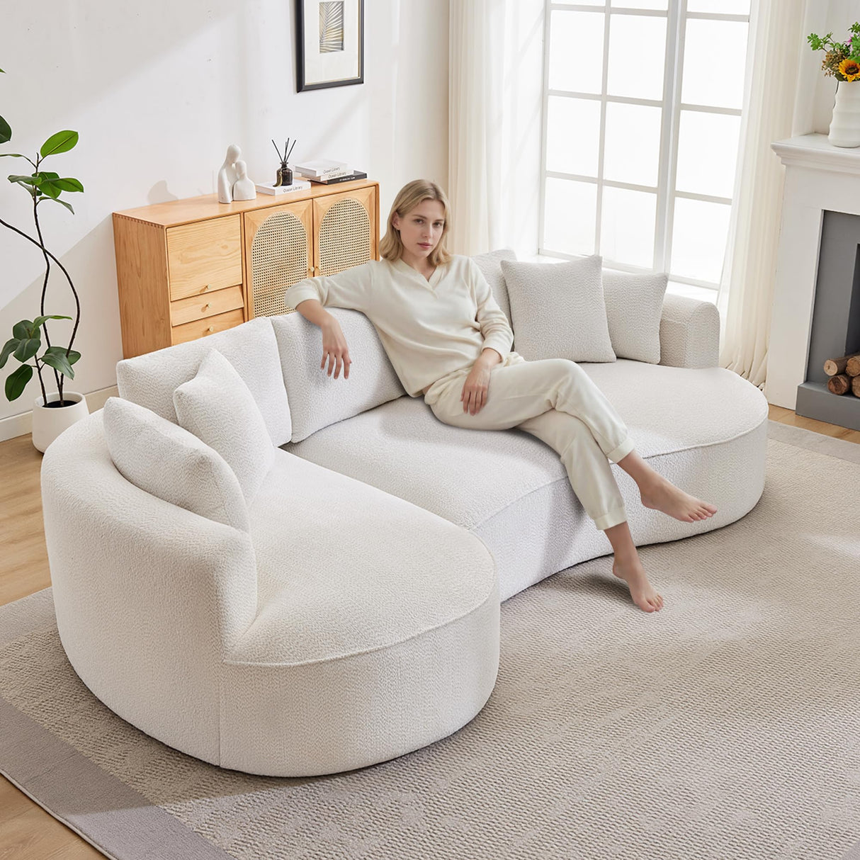 Opiesit 124" Oversized Boneless Couches for Living Room, Sectional Curved Sofa with 7 Pillows, L-Shape Boneless Couch with Deep Seat, High-Density Memory Foam, No Assembly Required, Chenille (White) Opiesit