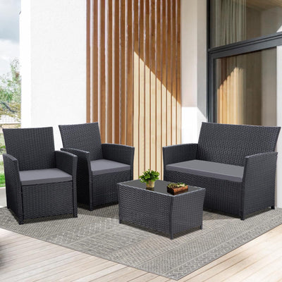 FHFO 4 Piece Outdoor Patio Furniture Sets, Outside Furniture Outdoor Sectional Wicker Conversation Sofa Set, Rattan Couch Set for Balcony Porch Backyard (Black-Grey)