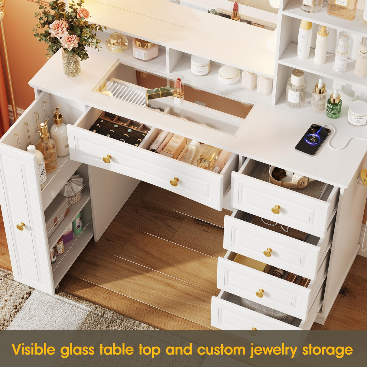 Maupvit 47.1" Makeup Vanity with Mirror and Lights,White Vanity Desk with Drawers and Shelves,Large Makeup Table with Glass Top,Bedroom Dressing Table Maupvit