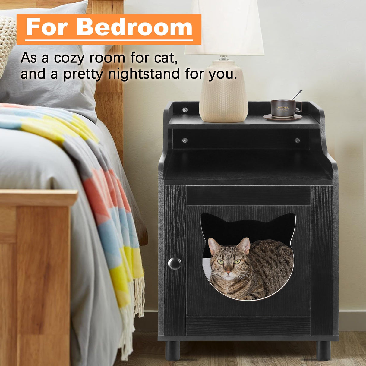 DOUSY- Small Wooden Cat Litter Box Enclosure, Hidden Litter Box Furniture Enclosed Cat Washroom Storage Cabinet, Side Table, Nightstand, Indoor Pet House 15.8 x 15.8 x 24 Inches, Black DOUSY
